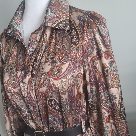 ITALIAN Designer Elegant Modest Midi Dress Satin Brocade Paisley Print Pockets - Picture 6 of 10